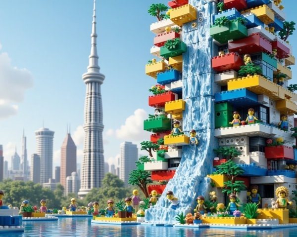 Vibrant LEGO Cityscape with Towering Structure and Waterfall