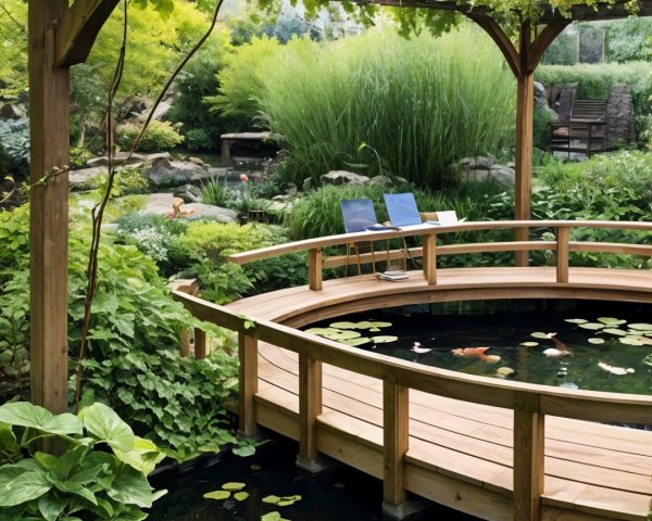 Serene Garden with Wooden Bridge and Tranquil Pond