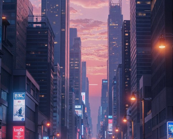 Twilight Cityscape with Skyscrapers and Busy Avenue