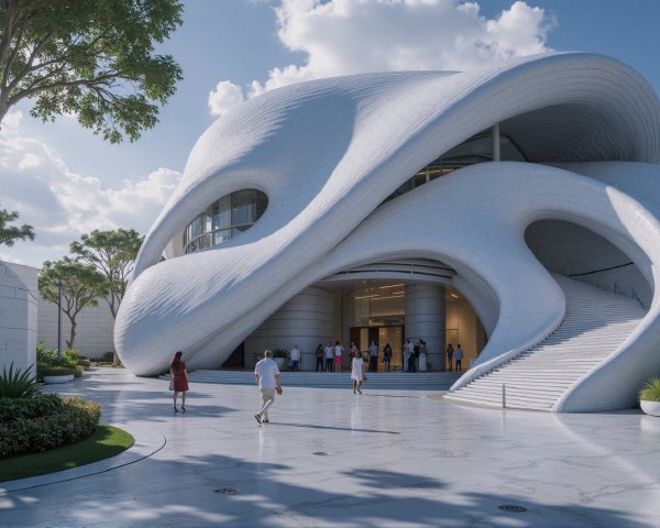 Modern Building with Organic Design and Green Surroundings