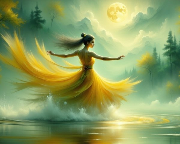Graceful Woman in Yellow Dress Dancing by Water
