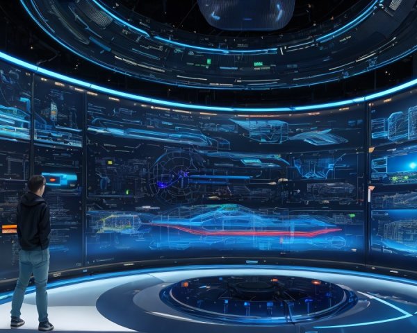Futuristic control room with touchscreen displays and blue lighting