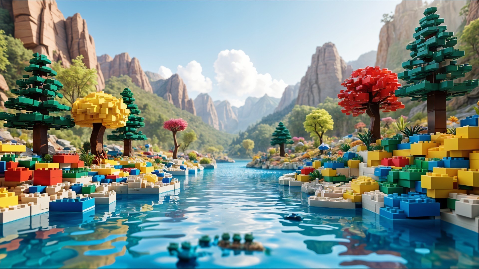 Colorful LEGO Landscape with Hills and River Reflection