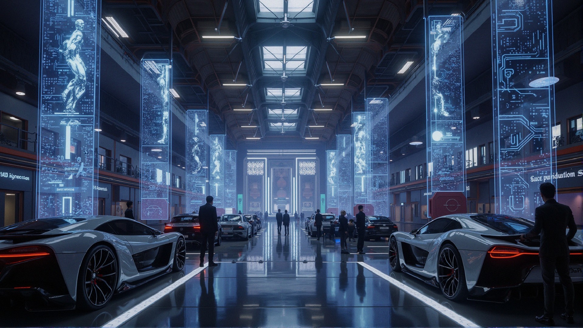 Futuristic Automotive Showroom with High-Tech Supercars