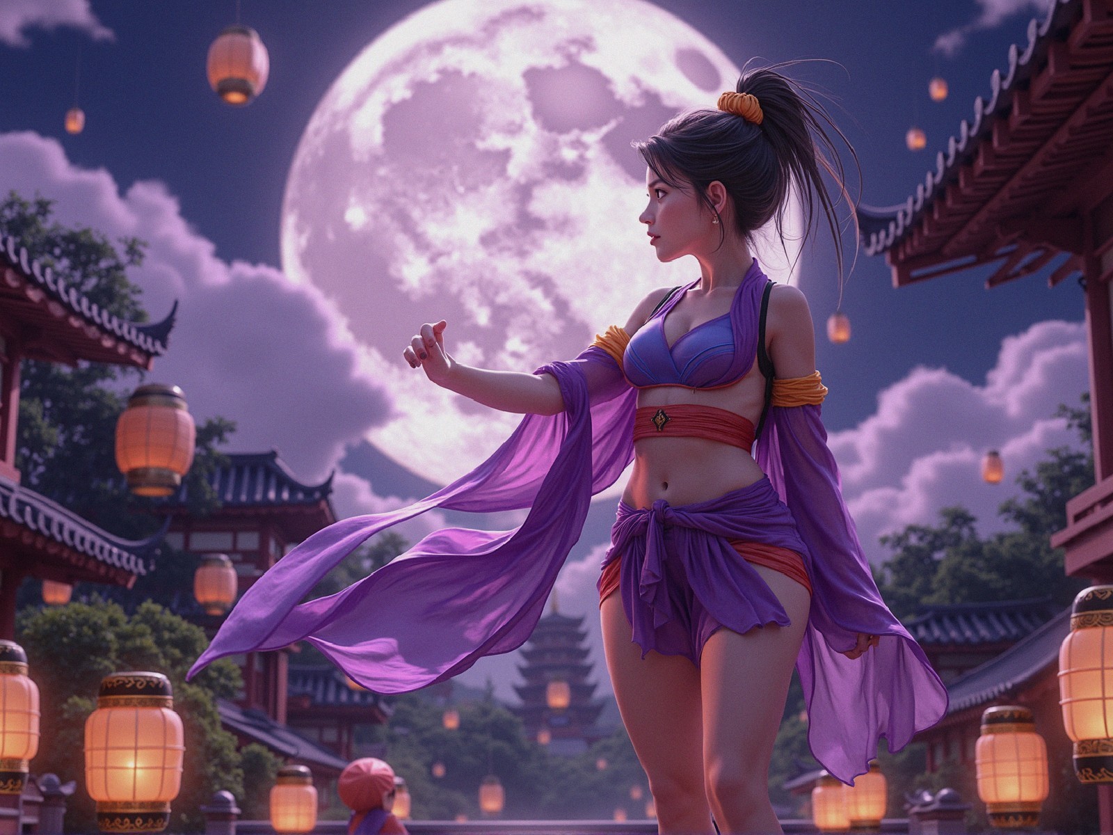 Young Woman in Lantern-Lit Garden Under Full Moon