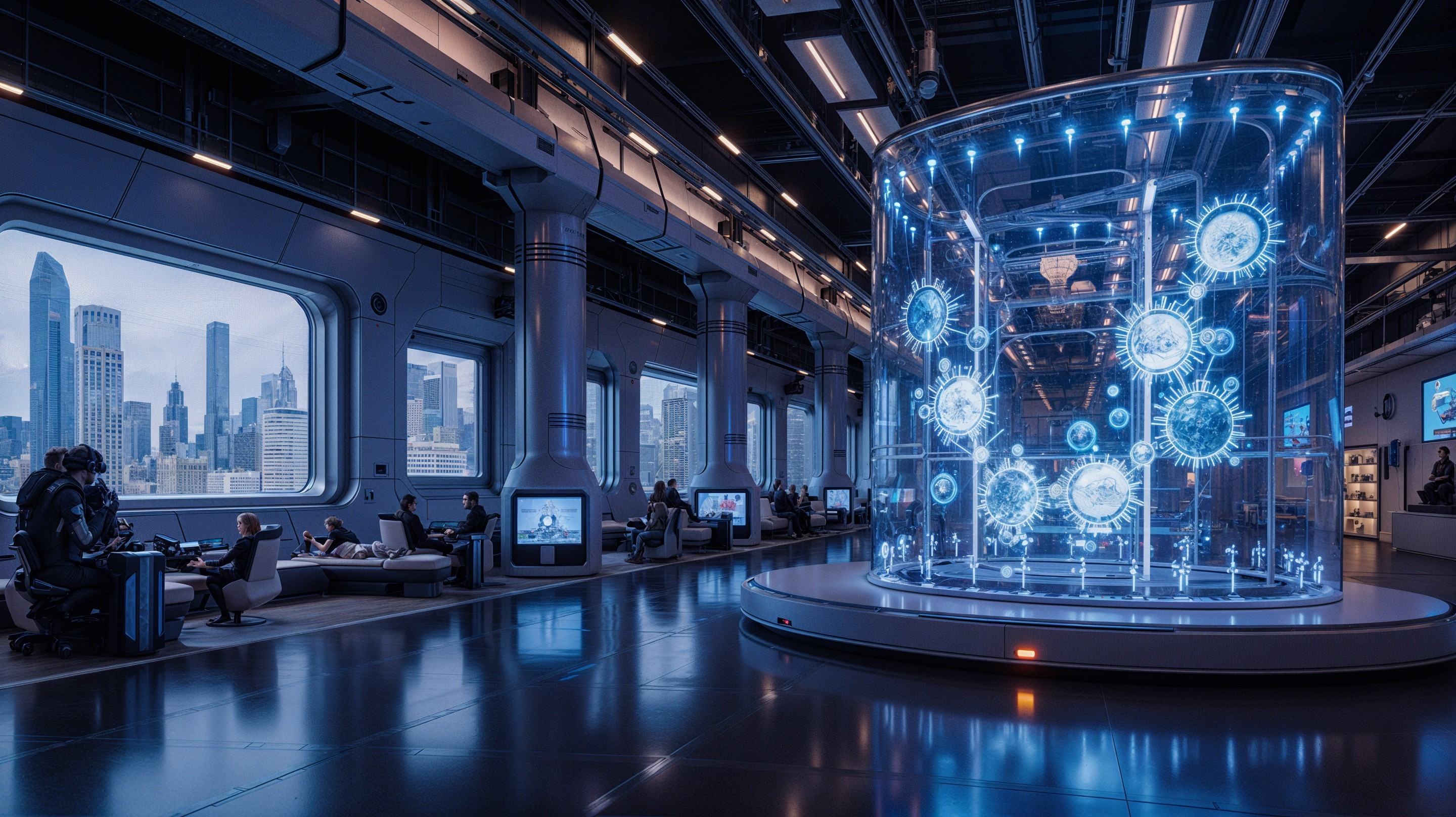 Futuristic High-Tech Workspace with City Skyline View