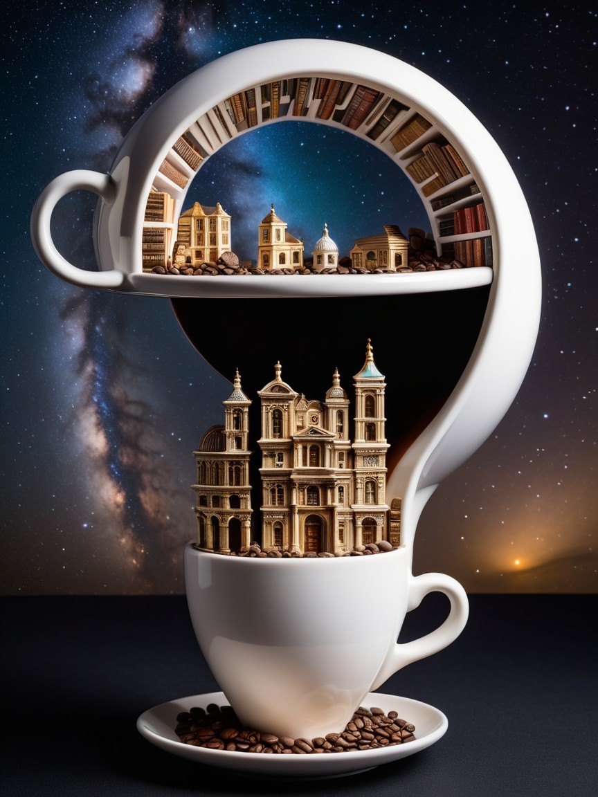 Whimsical Coffee Cup with Surreal Miniature Scene