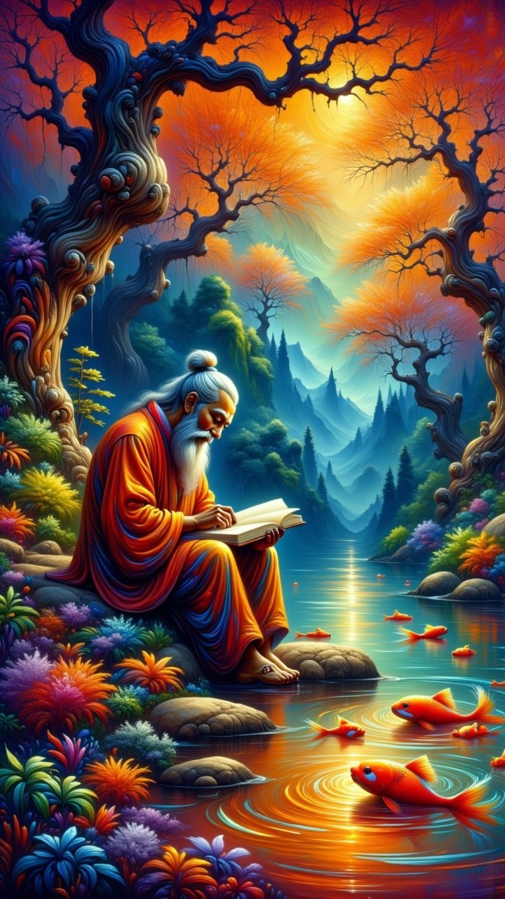 Elderly man reading by a tranquil autumn lake
