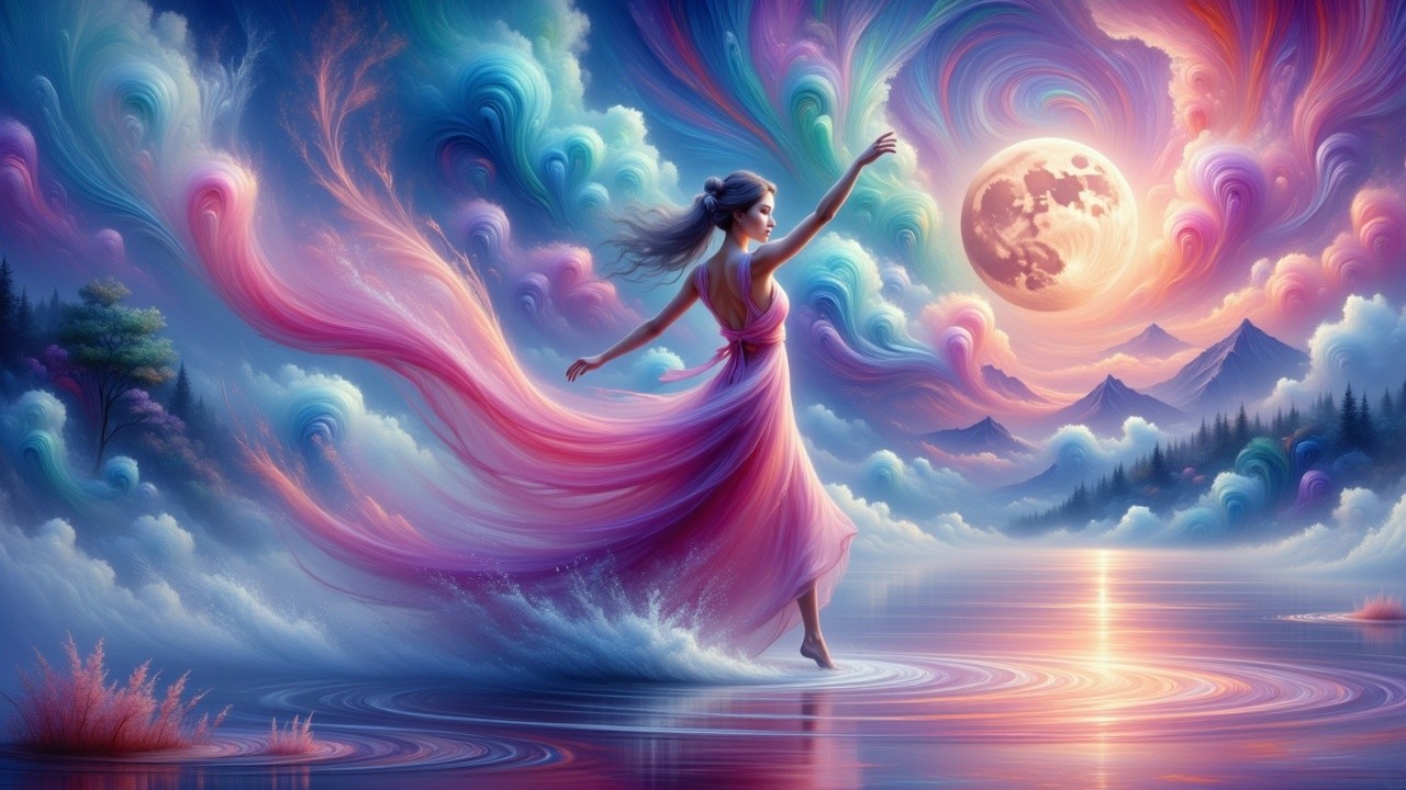 Woman in Pink Dress Walking on Water at Night