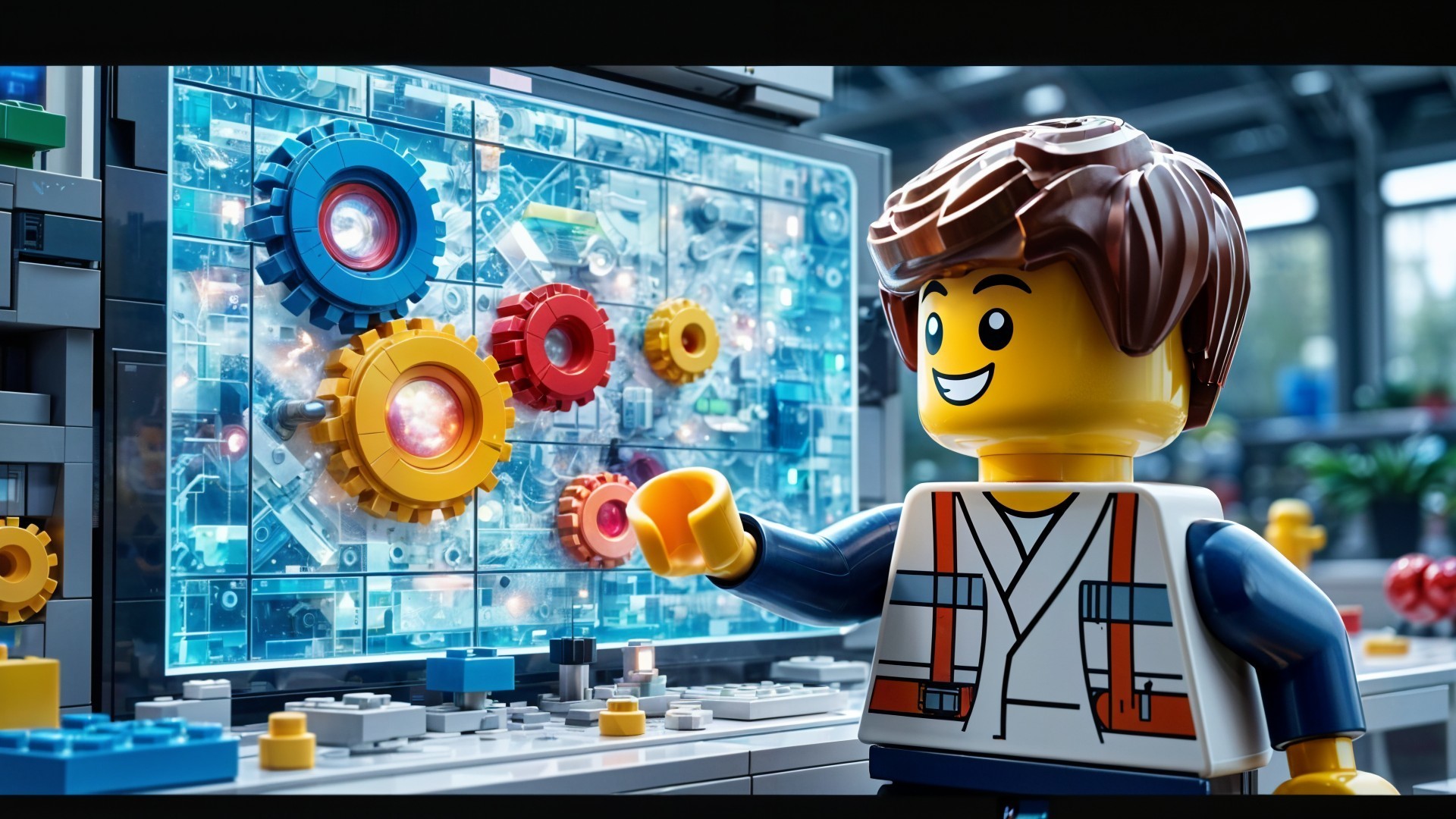 Cheerful LEGO Figure at Futuristic Control Panel
