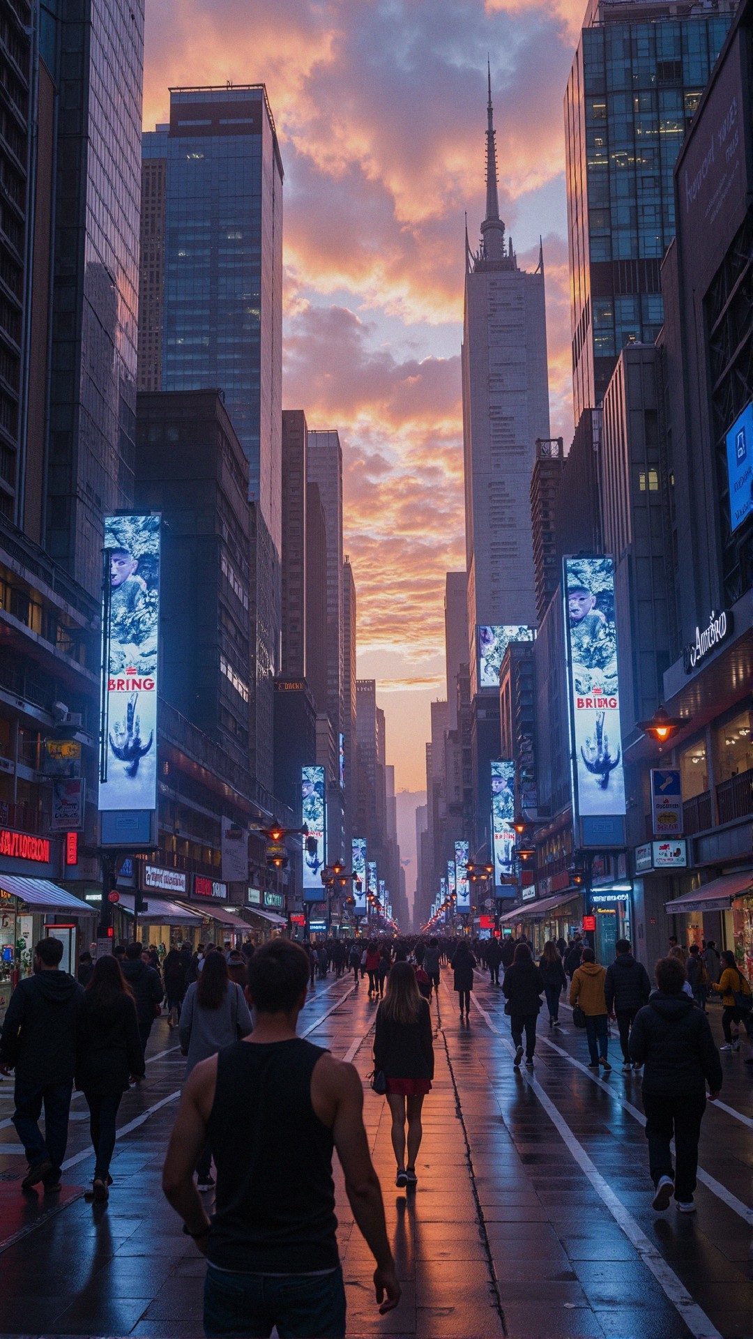 Twilight Urban Scene with Skyscrapers and Pedestrians