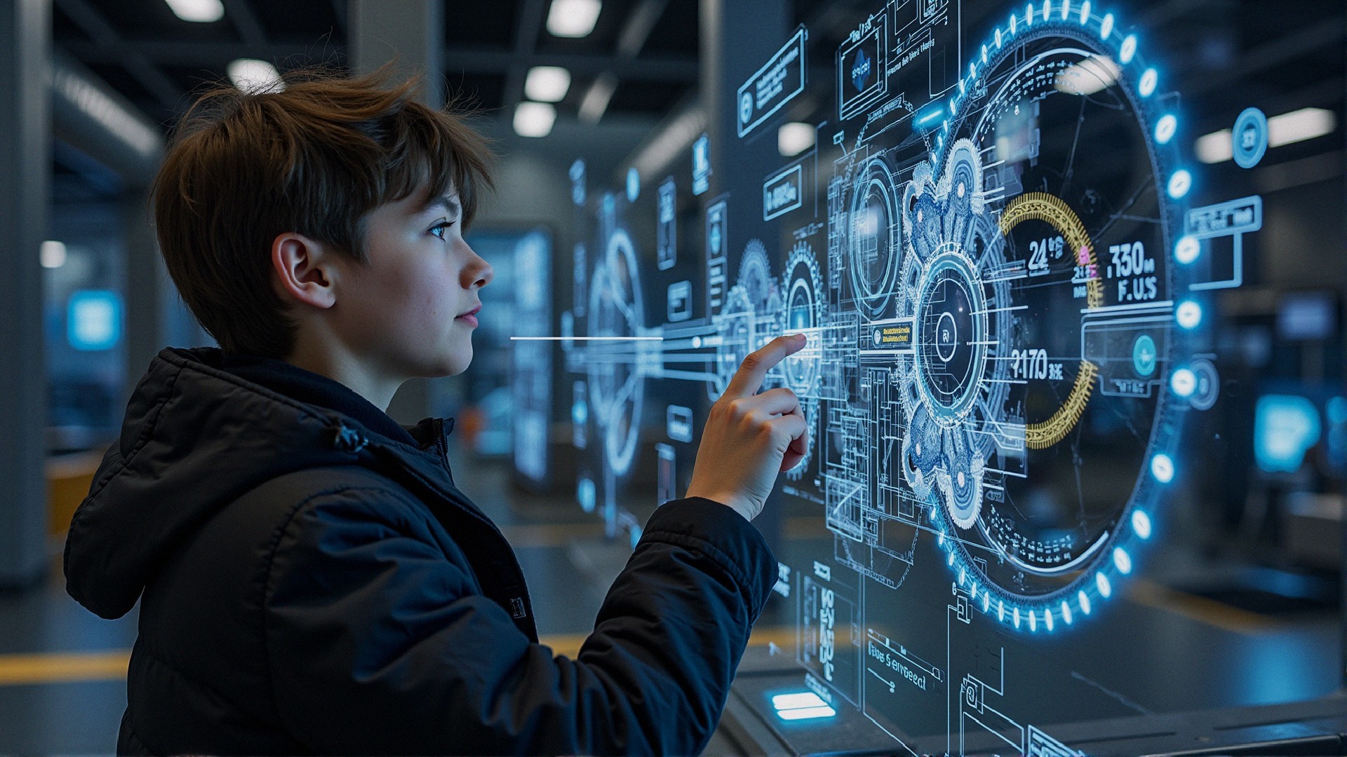 Young Boy Engaged with Futuristic Holographic Display
