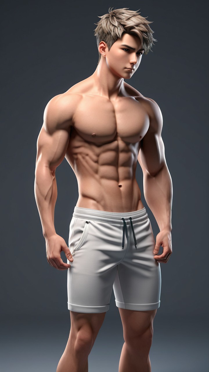 Muscular Young Man in Light Gray Shorts on Gray Background