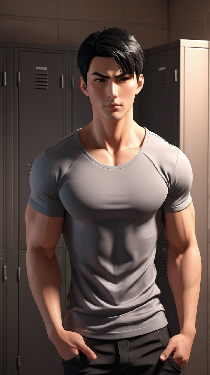 Muscular Young Man in Gym Locker Room Setting