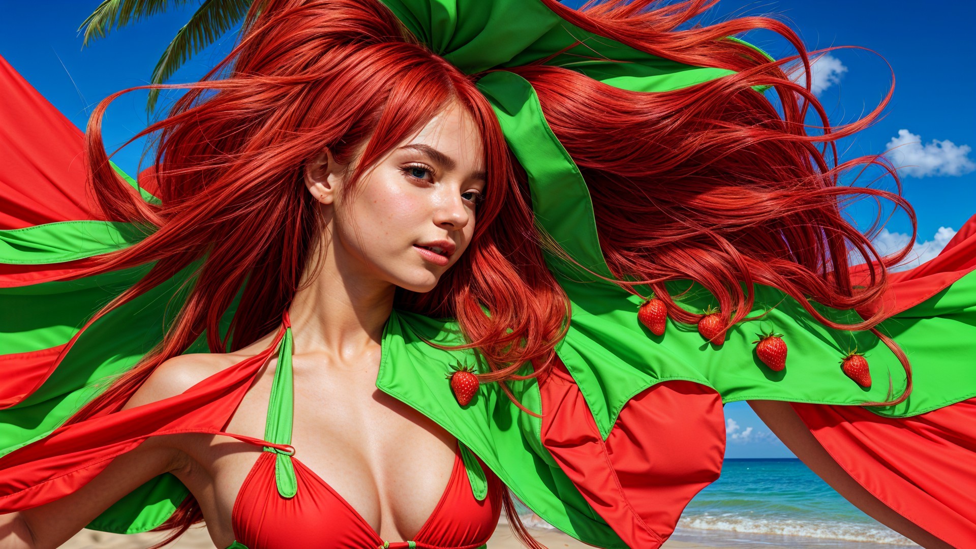 Young woman in red bikini with vibrant cape on beach
