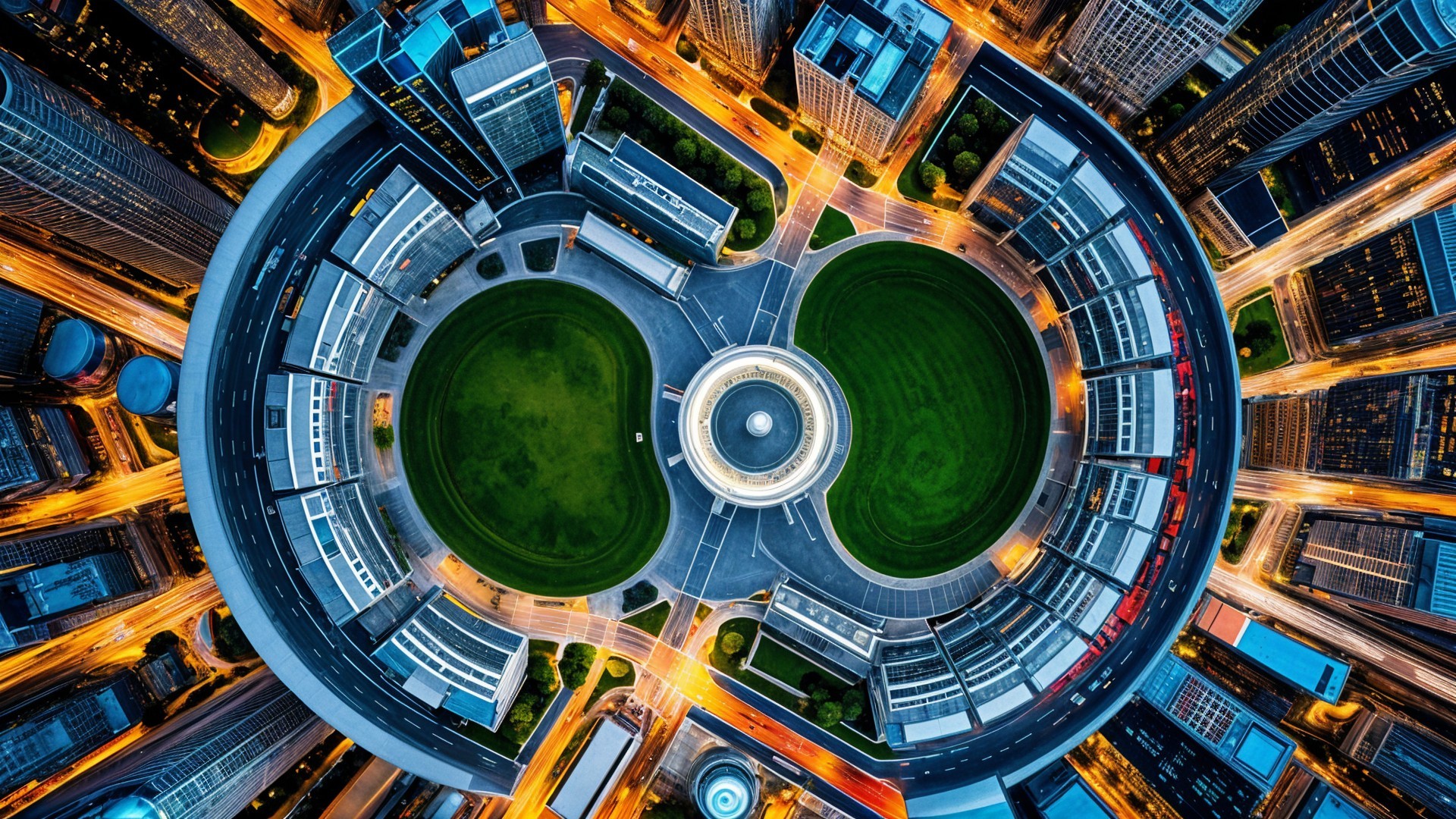 Circular Urban Layout with Parks and Modern Buildings