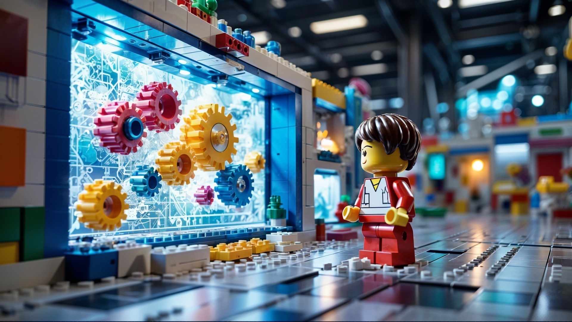 Vibrant LEGO Scene with Colorful Gears and Miniature Figure