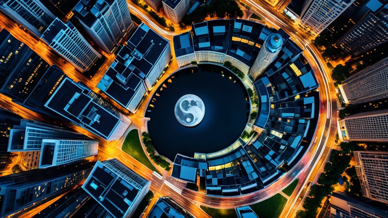 Aerial View of Urban Landscape with Yin-Yang Reflection