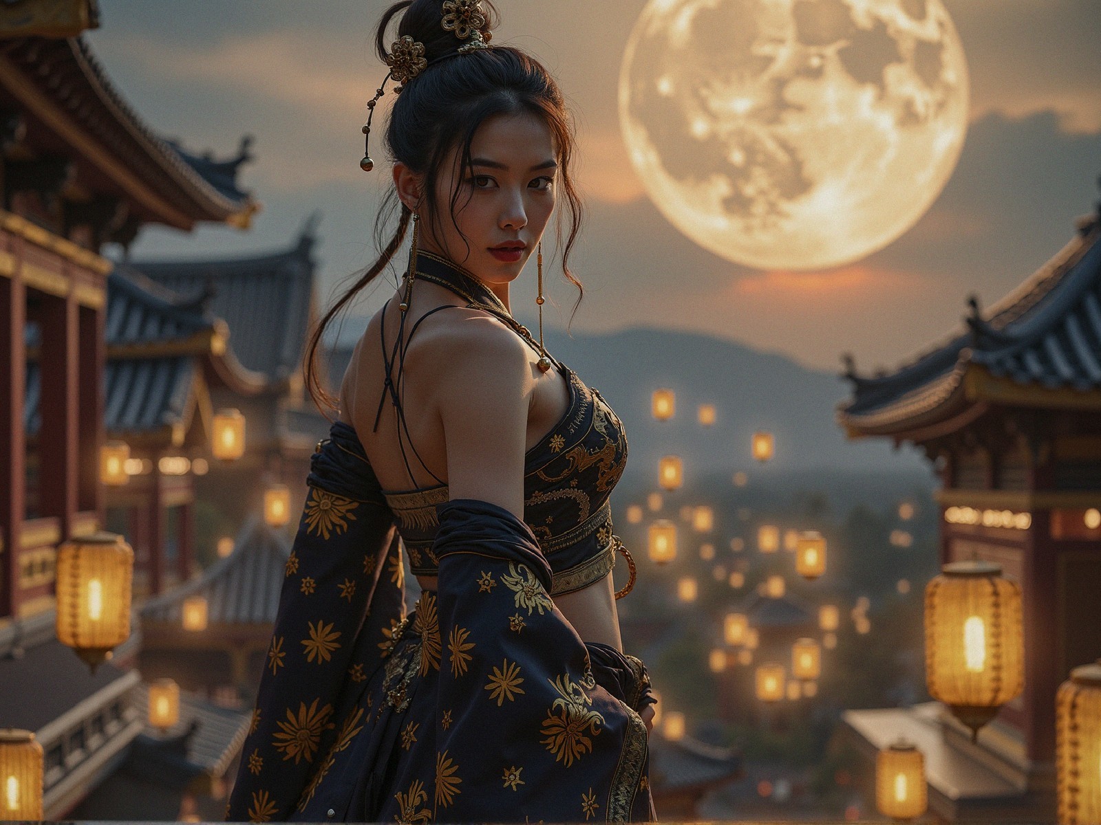 Twilight Scene of Woman in Traditional Attire Over Town