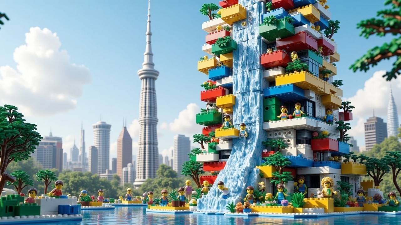 Vibrant LEGO Cityscape with Towering Structure and Waterfall