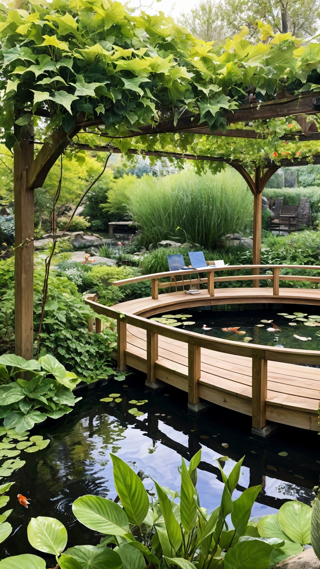 Serene Garden with Wooden Bridge and Tranquil Pond