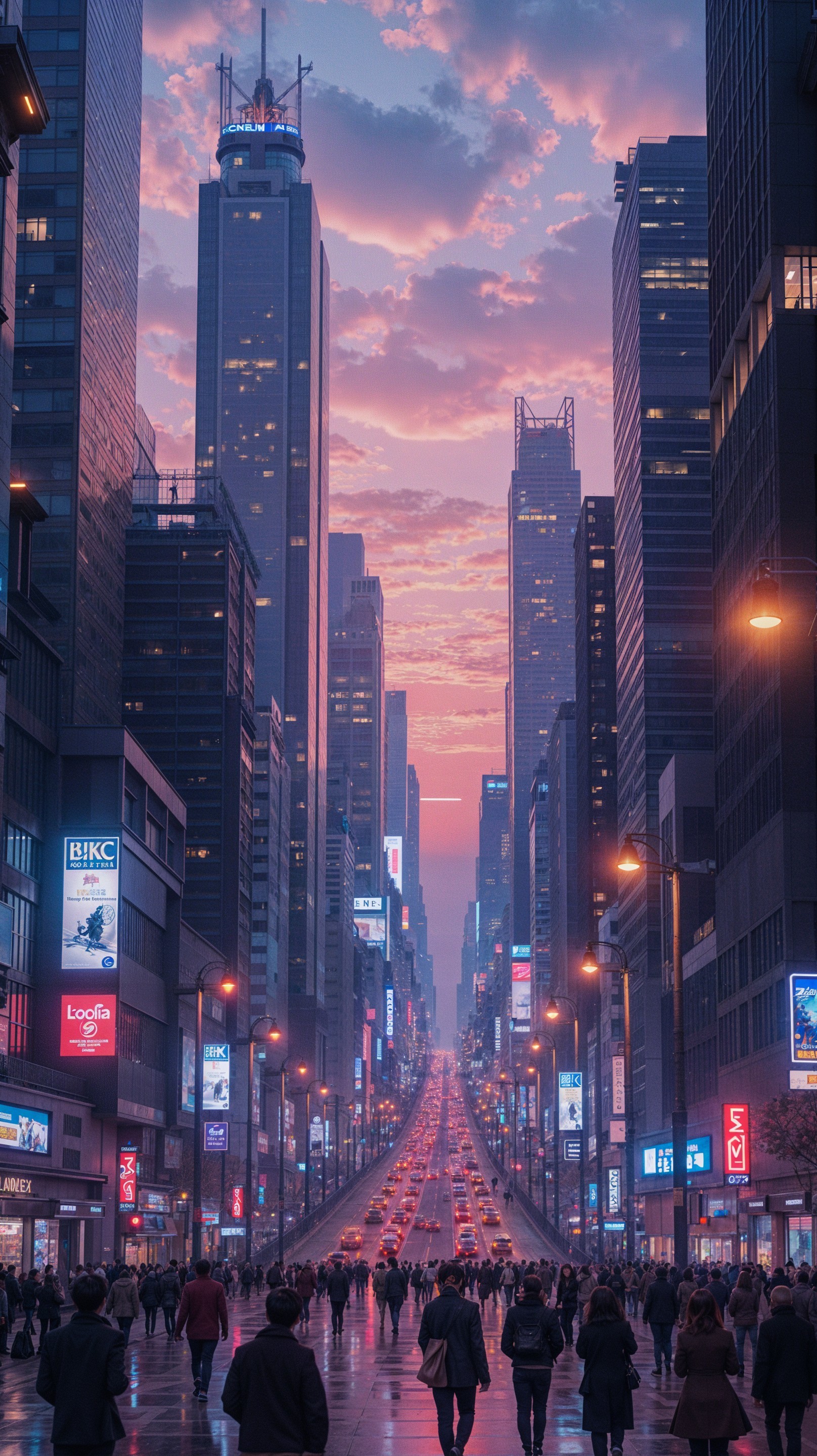 Twilight Cityscape with Skyscrapers and Busy Avenue