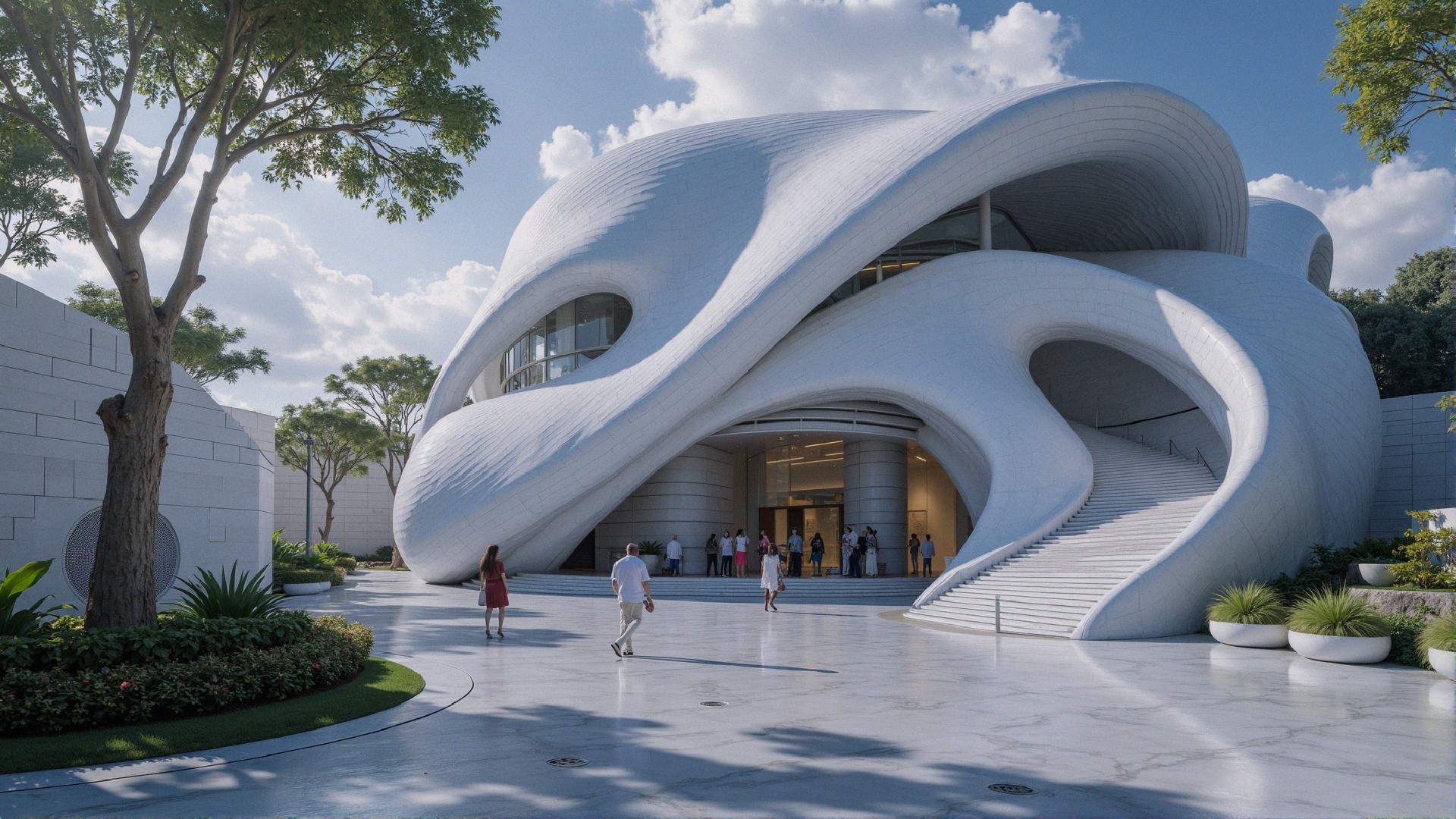 Modern Building with Organic Design and Green Surroundings