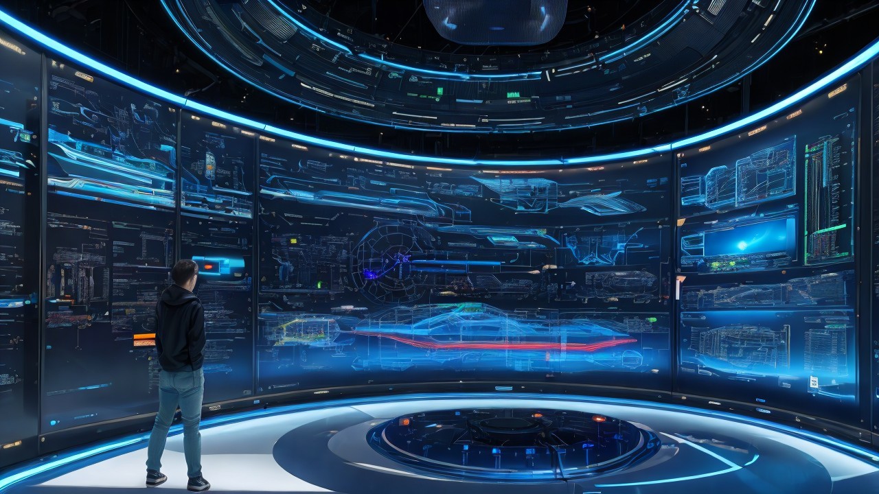 Futuristic control room with touchscreen displays and blue lighting