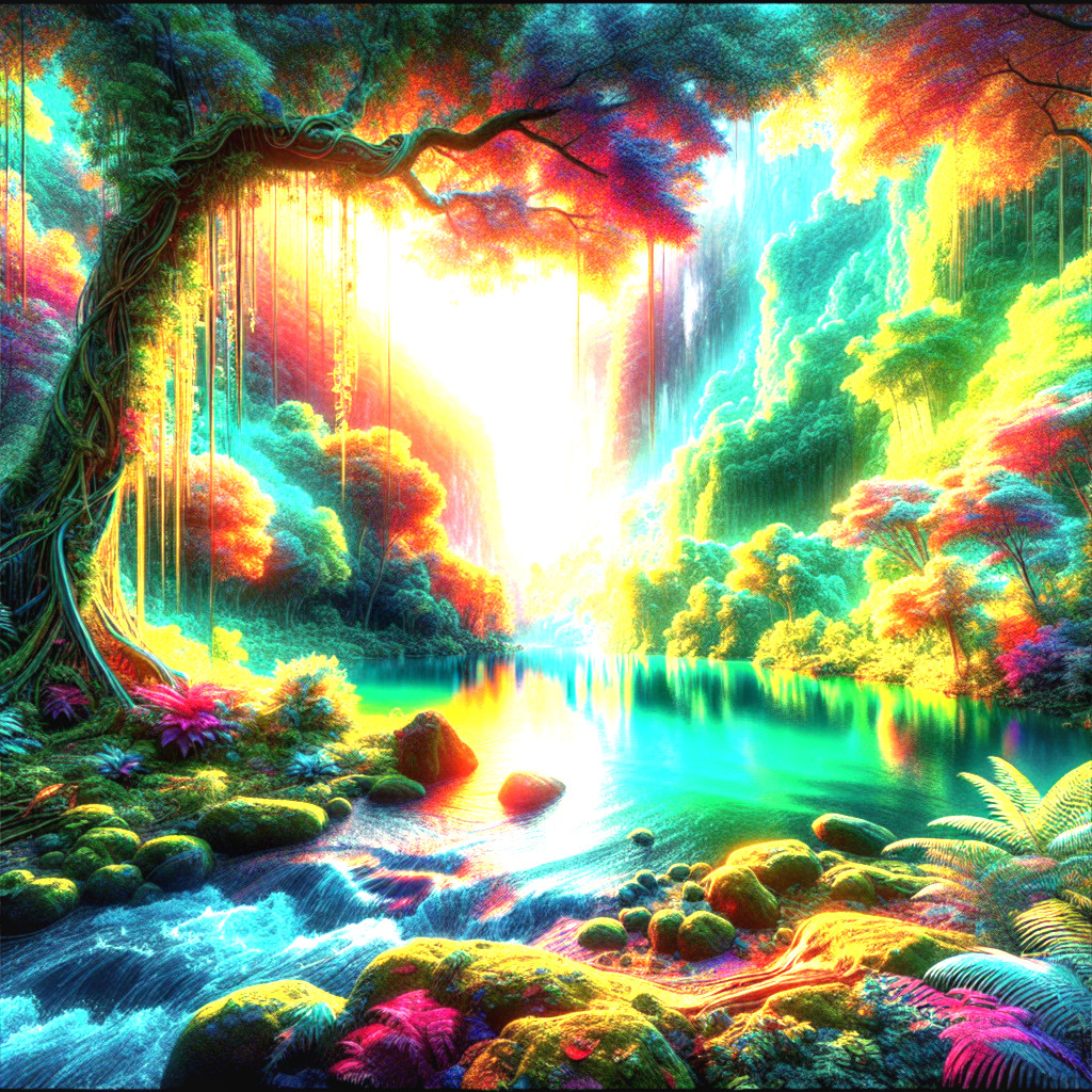 Surreal Landscape with Lush Forest and Waterfalls
