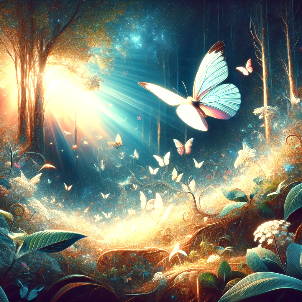 Magical Forest with Sunlight and Ethereal Butterflies