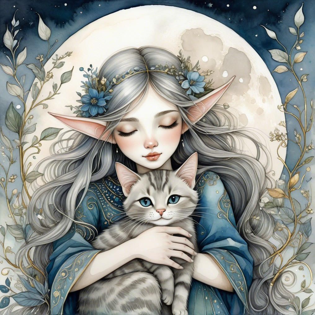 Ethereal Girl with Cat Under a Luminous Moon