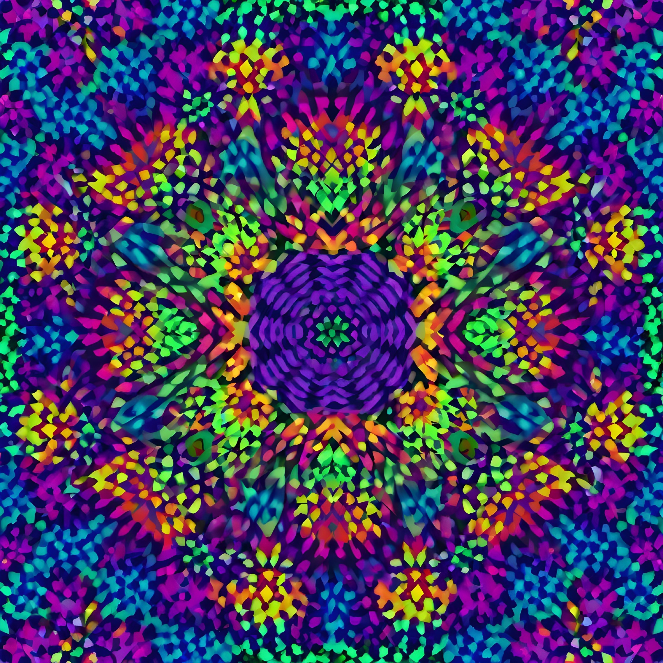 Vibrant Digital Kaleidoscope Pattern on Blue Background