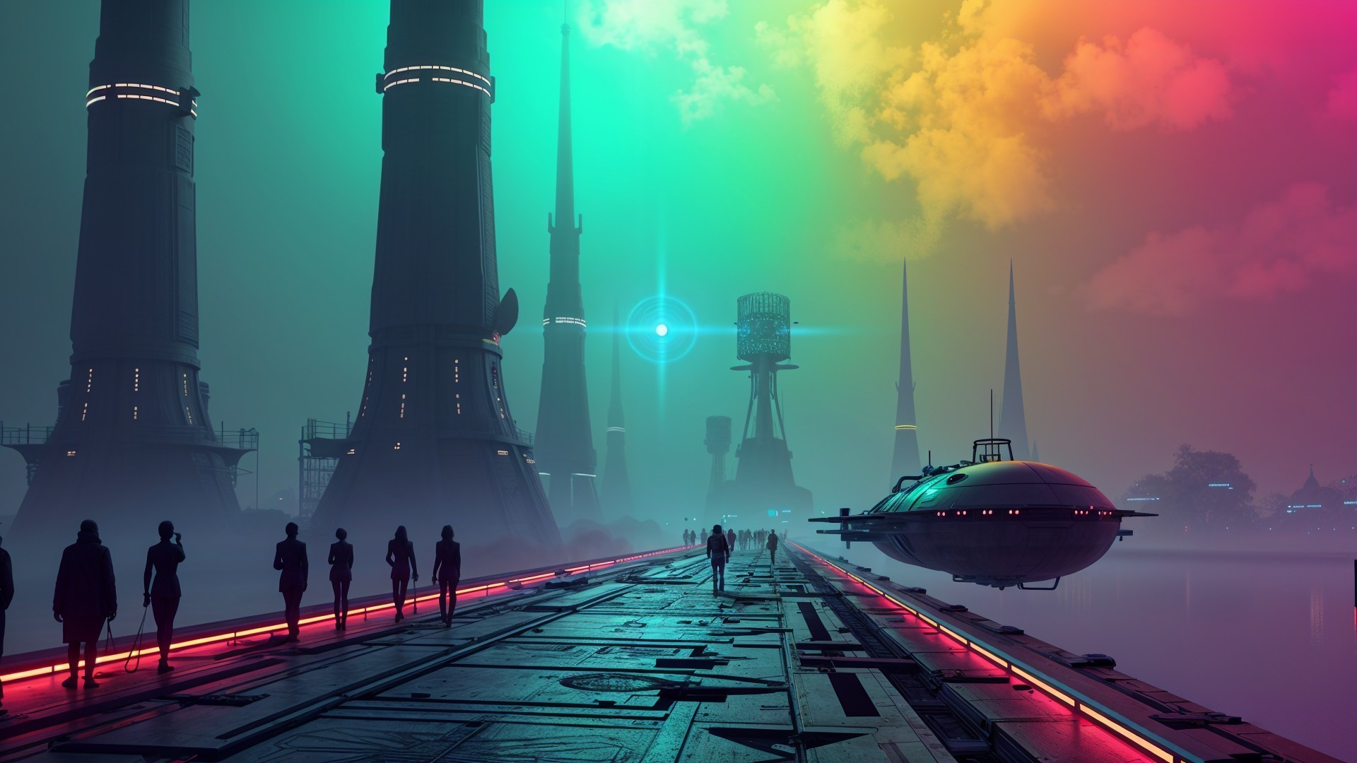 Futuristic landscape with neon towers and spacecraft