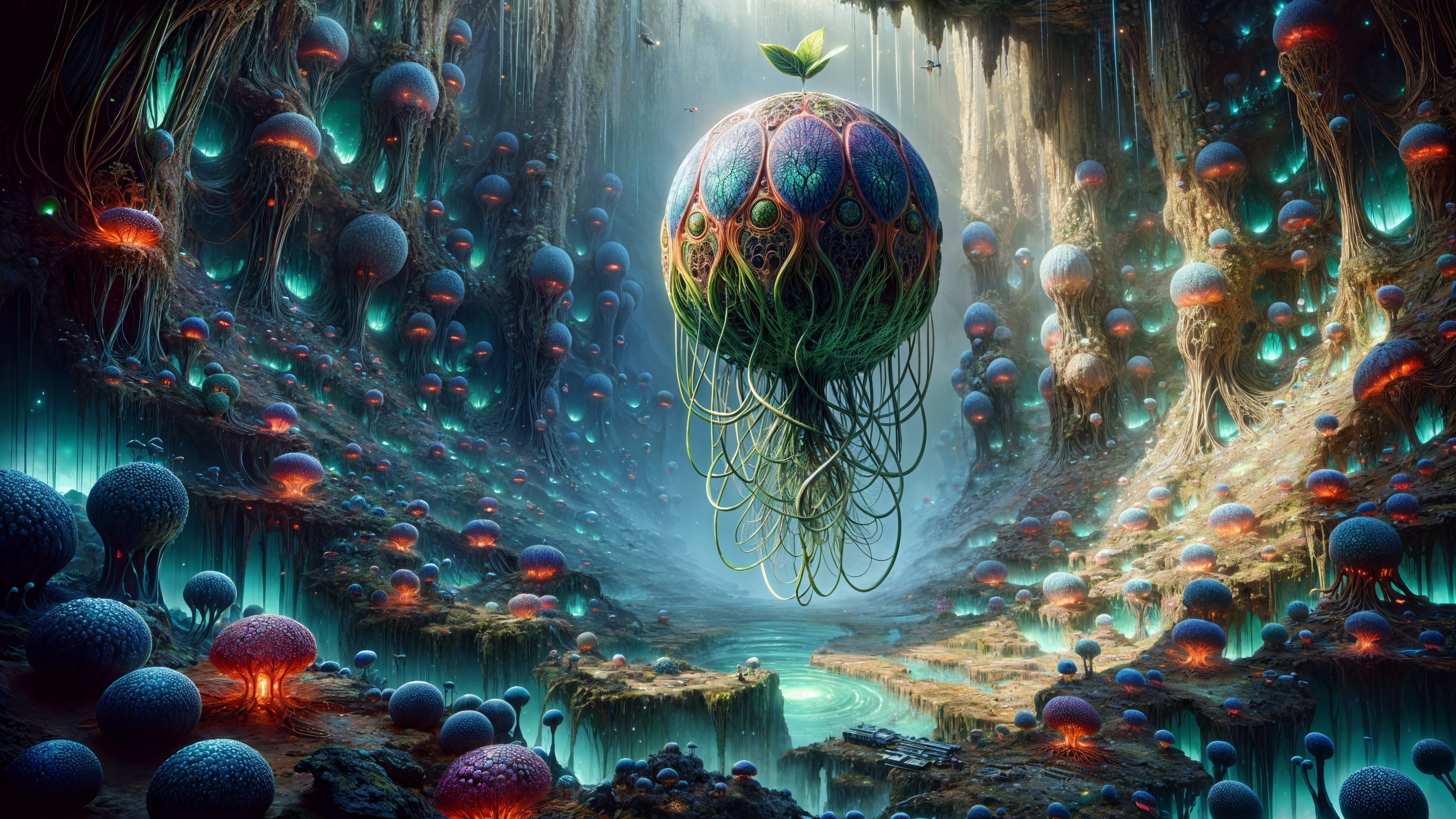 Surreal Landscape with Bioluminescent Flora and Orbs