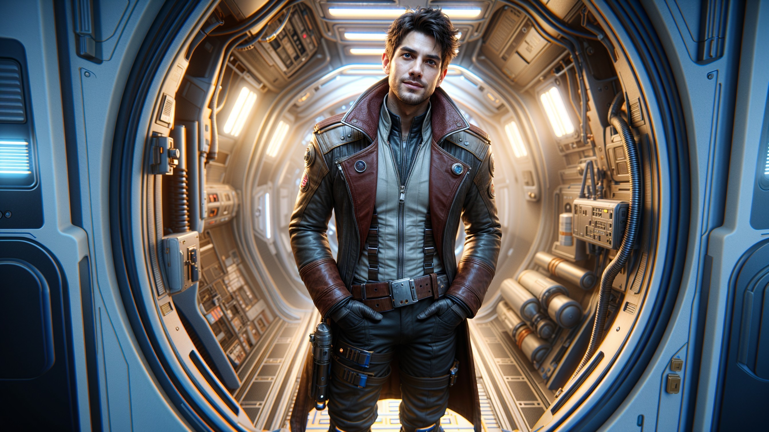 Young man in a futuristic spaceship corridor setting