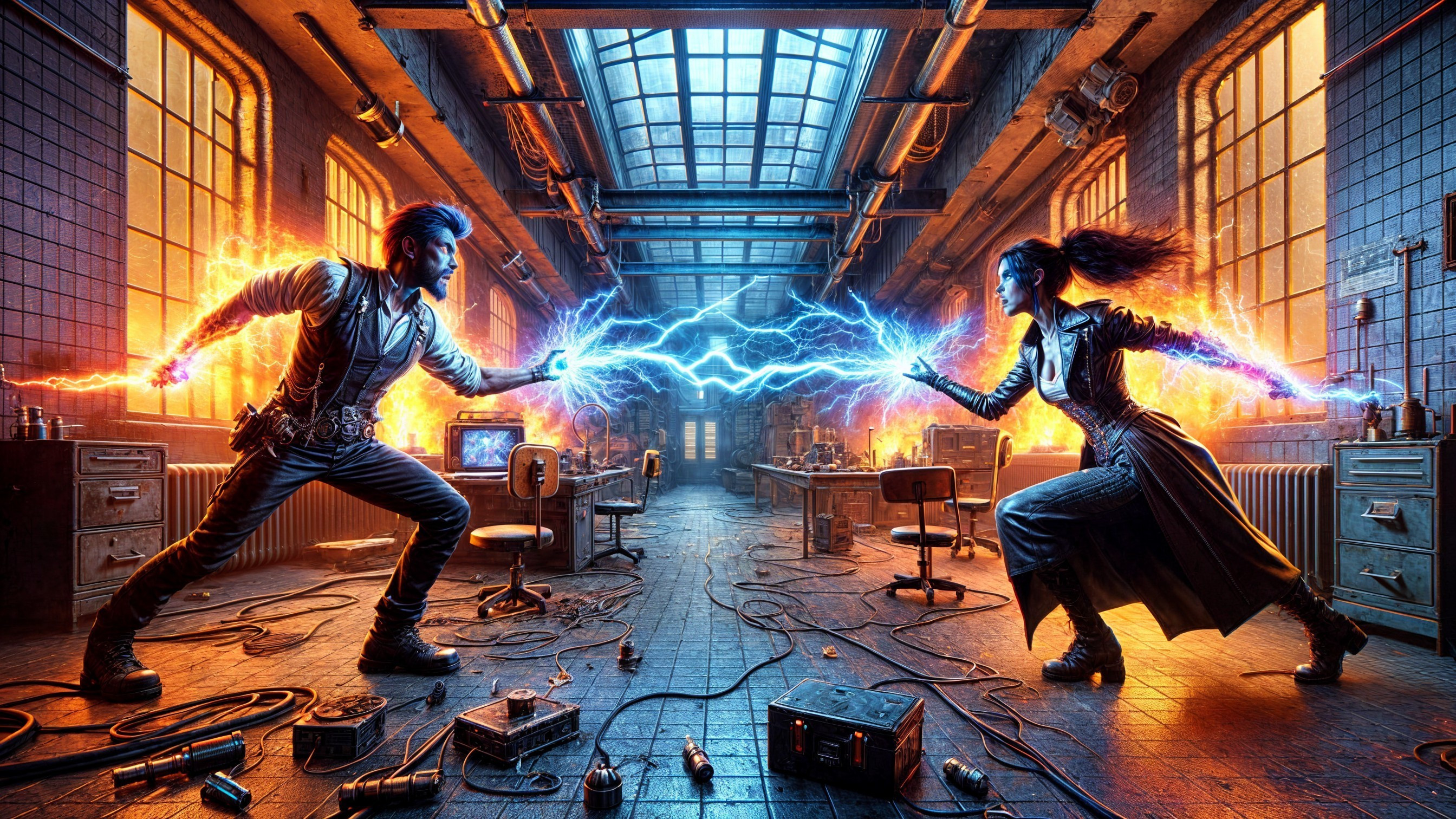 Elemental Duel of Fire and Electricity in Lab Setting