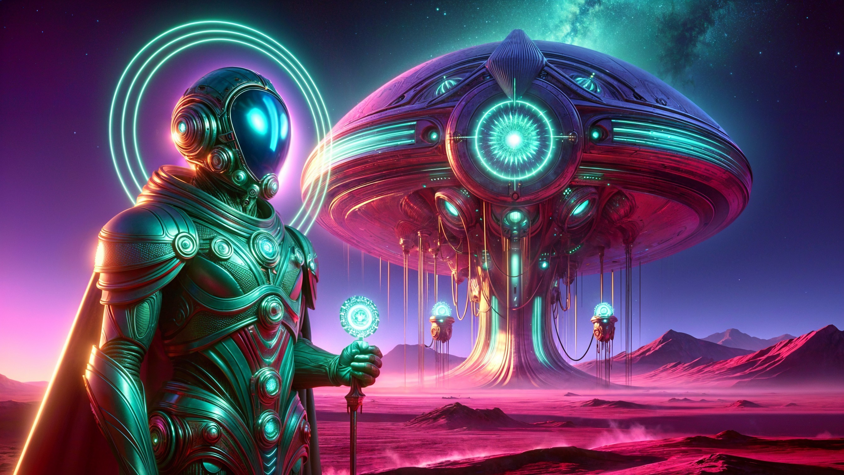Futuristic humanoid and spaceship in alien landscape