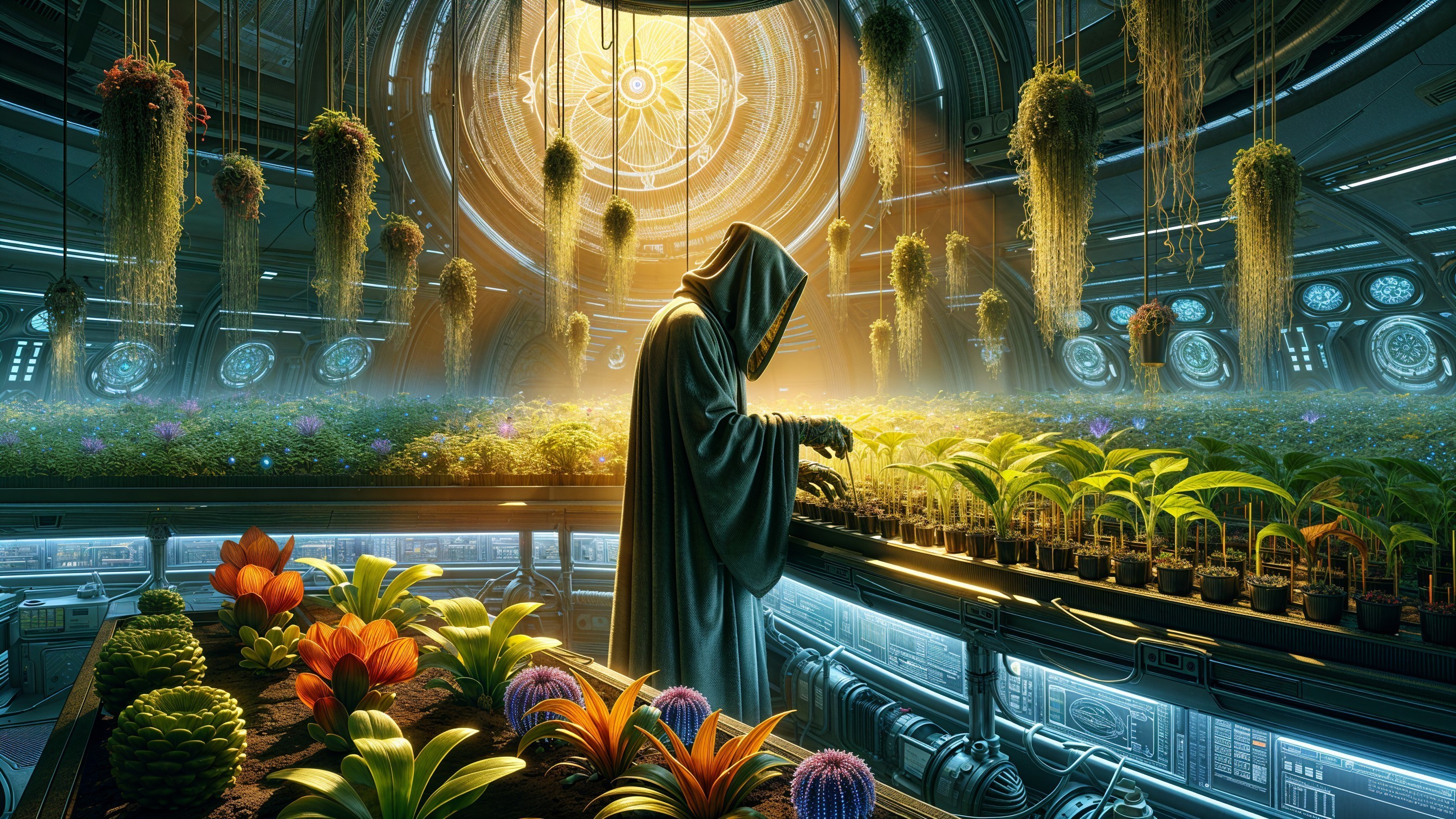 Futuristic greenhouse with vibrant alien plants and glow