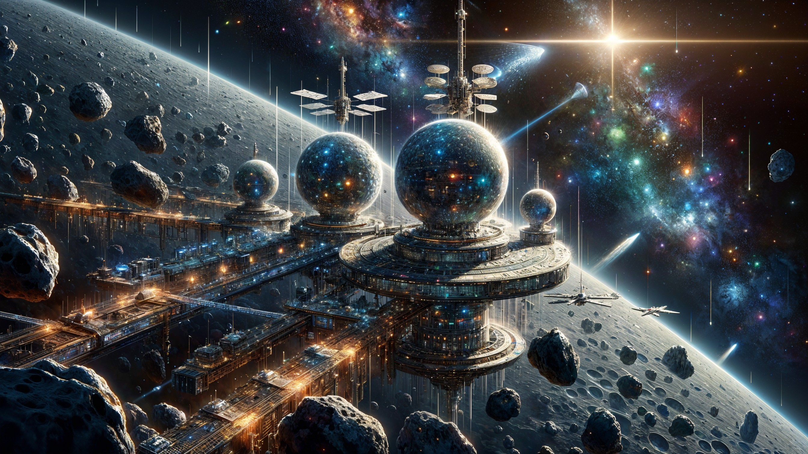 Futuristic Space Station in Asteroid Landscape