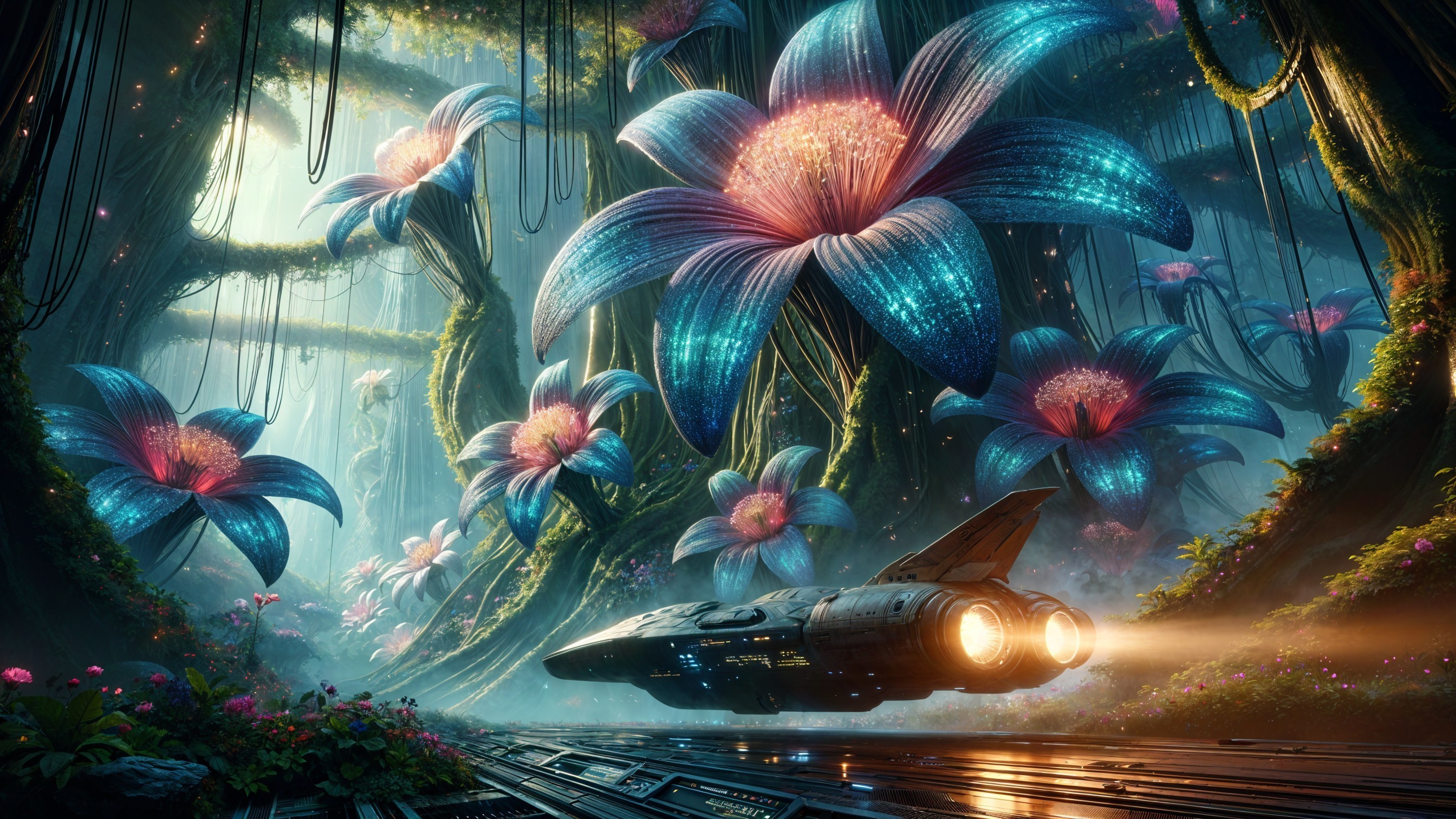 Futuristic Jungle with Bioluminescent Flora and Vessel