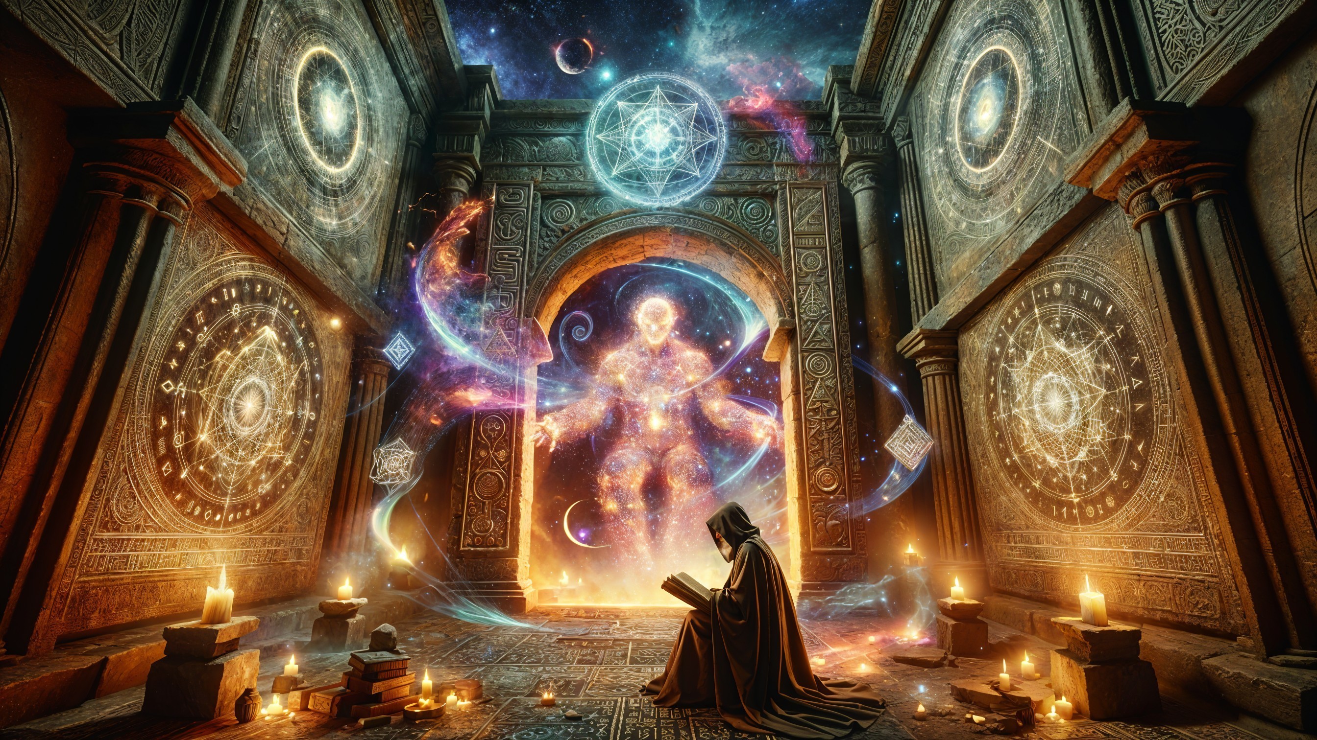 Mystical Chamber with Cloaked Figure and Cosmic Portal