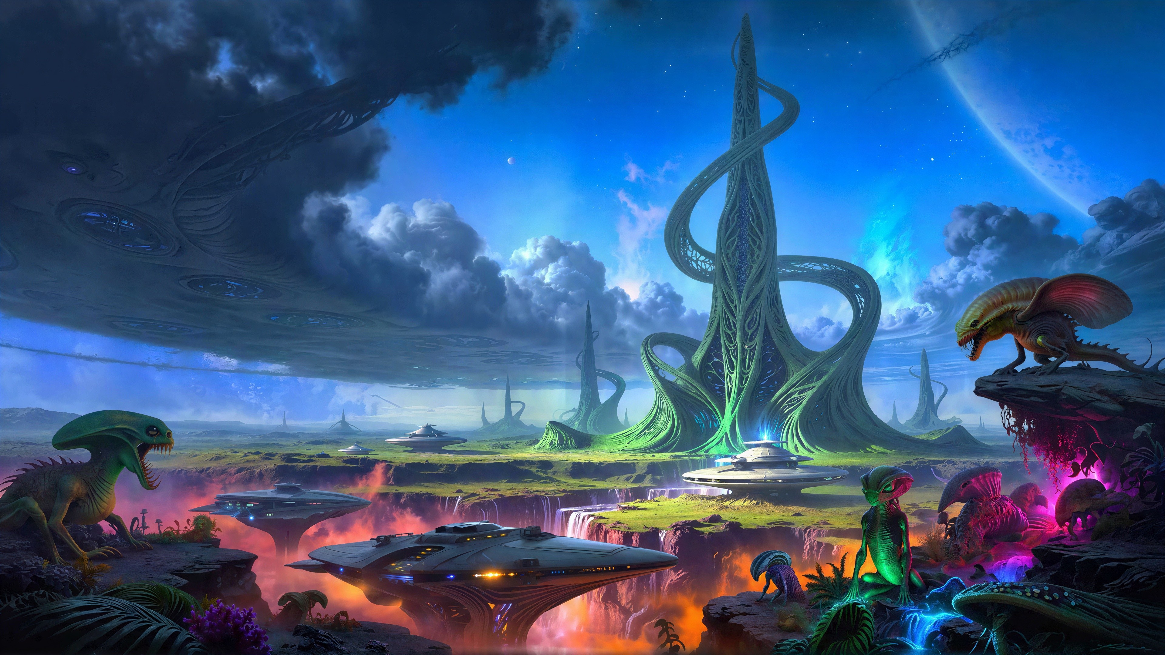 Alien Landscape with Organic Tower and Creatures