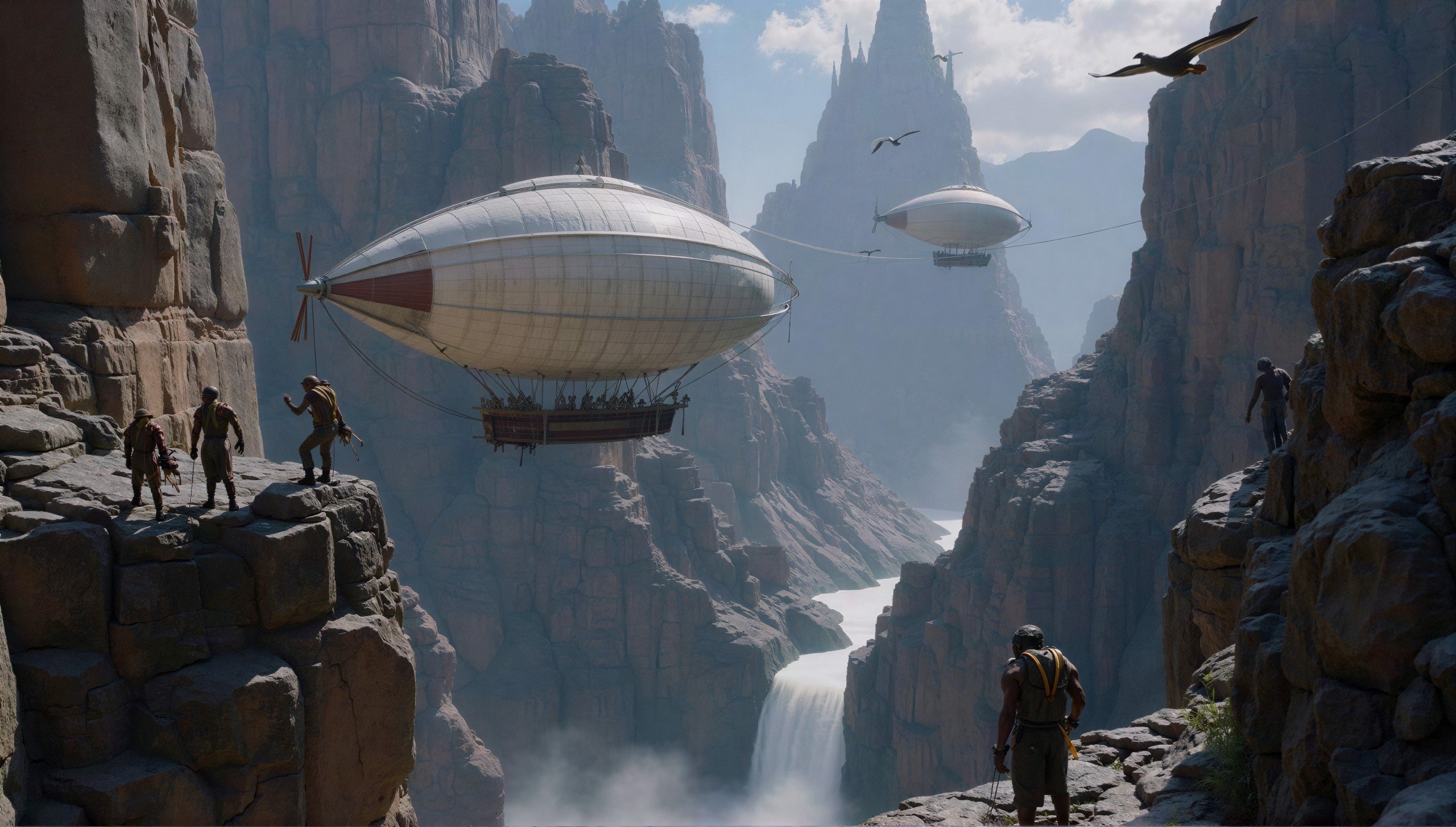 Fantasy Landscape with Canyon, Dirigibles, and Waterfall