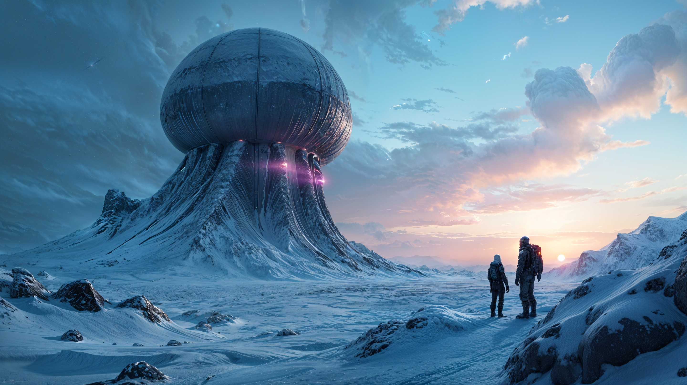 Explorers in Alien Landscape with Futuristic Structure