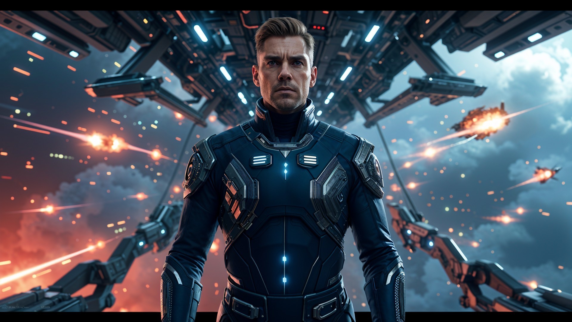 Futuristic Battle Scene with Stern Man in High-Tech Suit