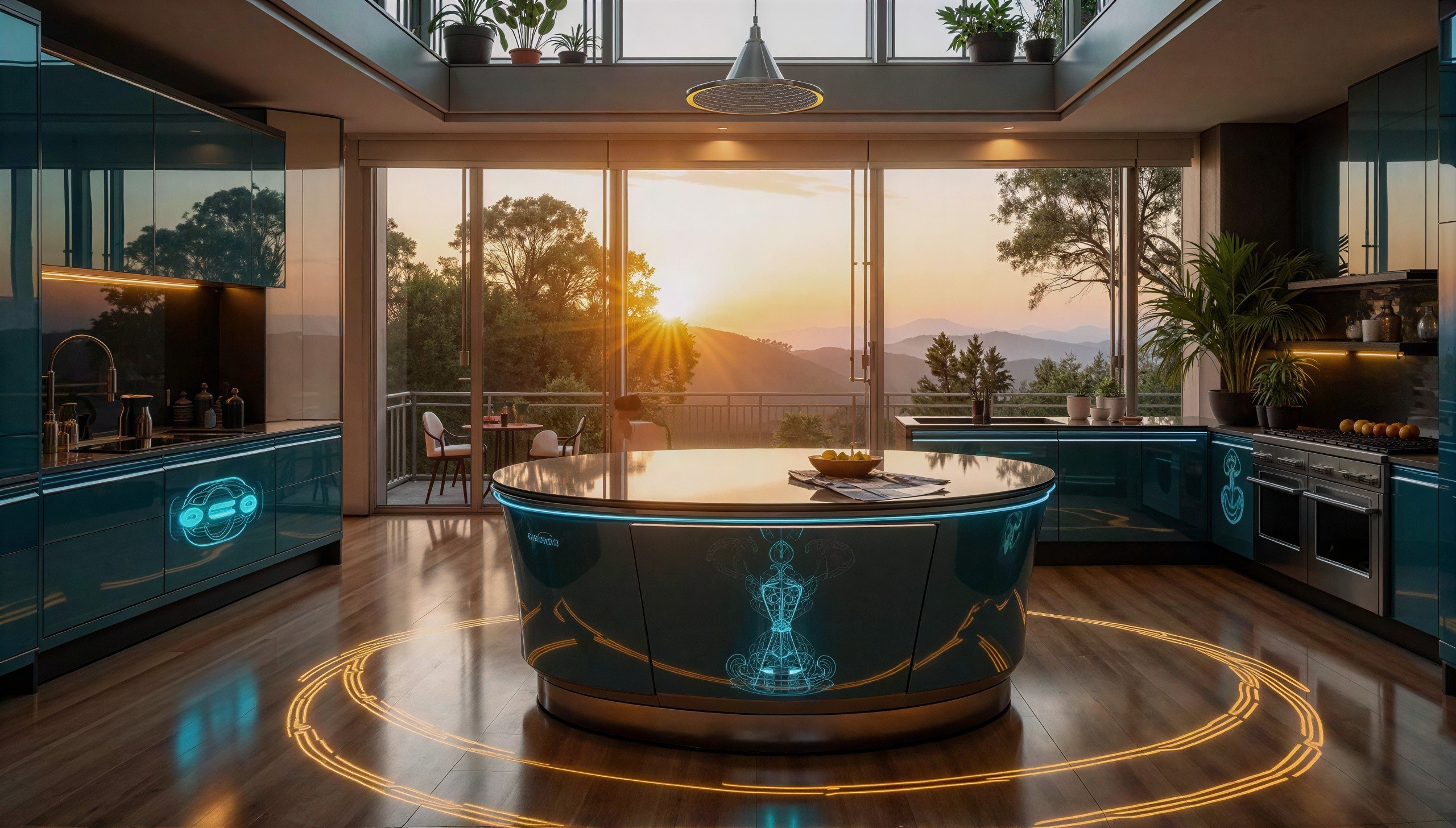 Modern Kitchen with Sunset Views and Teal Accents