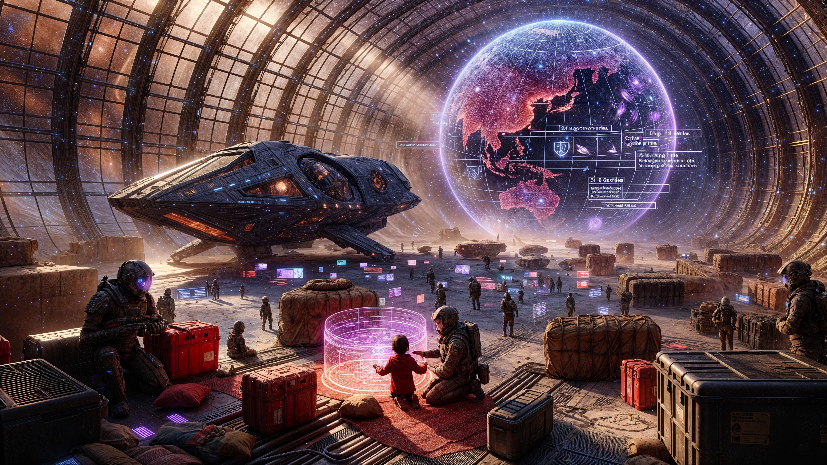Futuristic Space Station with Holographic Display and Spaceship