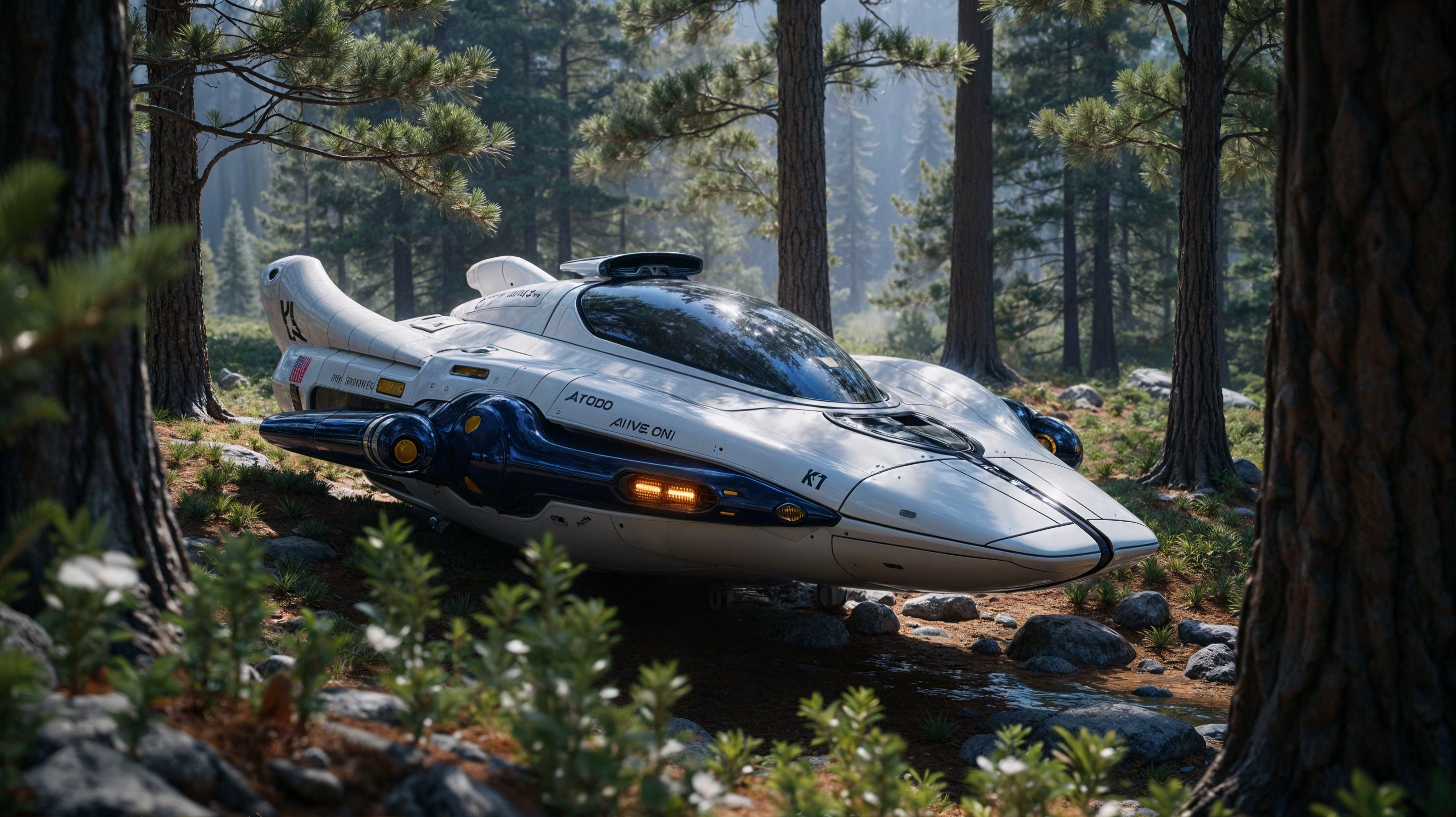 Futuristic spacecraft in serene forest setting