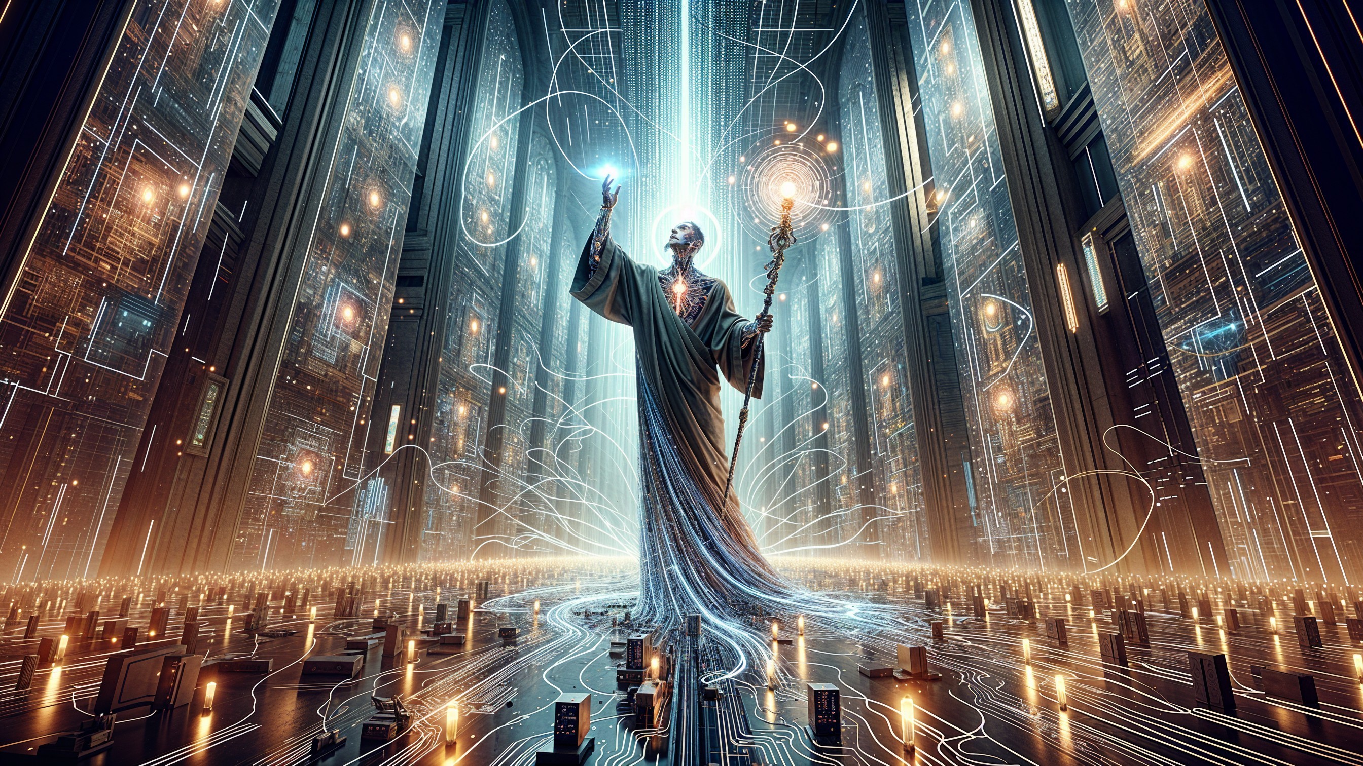 Ethereal Figure in Digital Chamber with Circuit Patterns