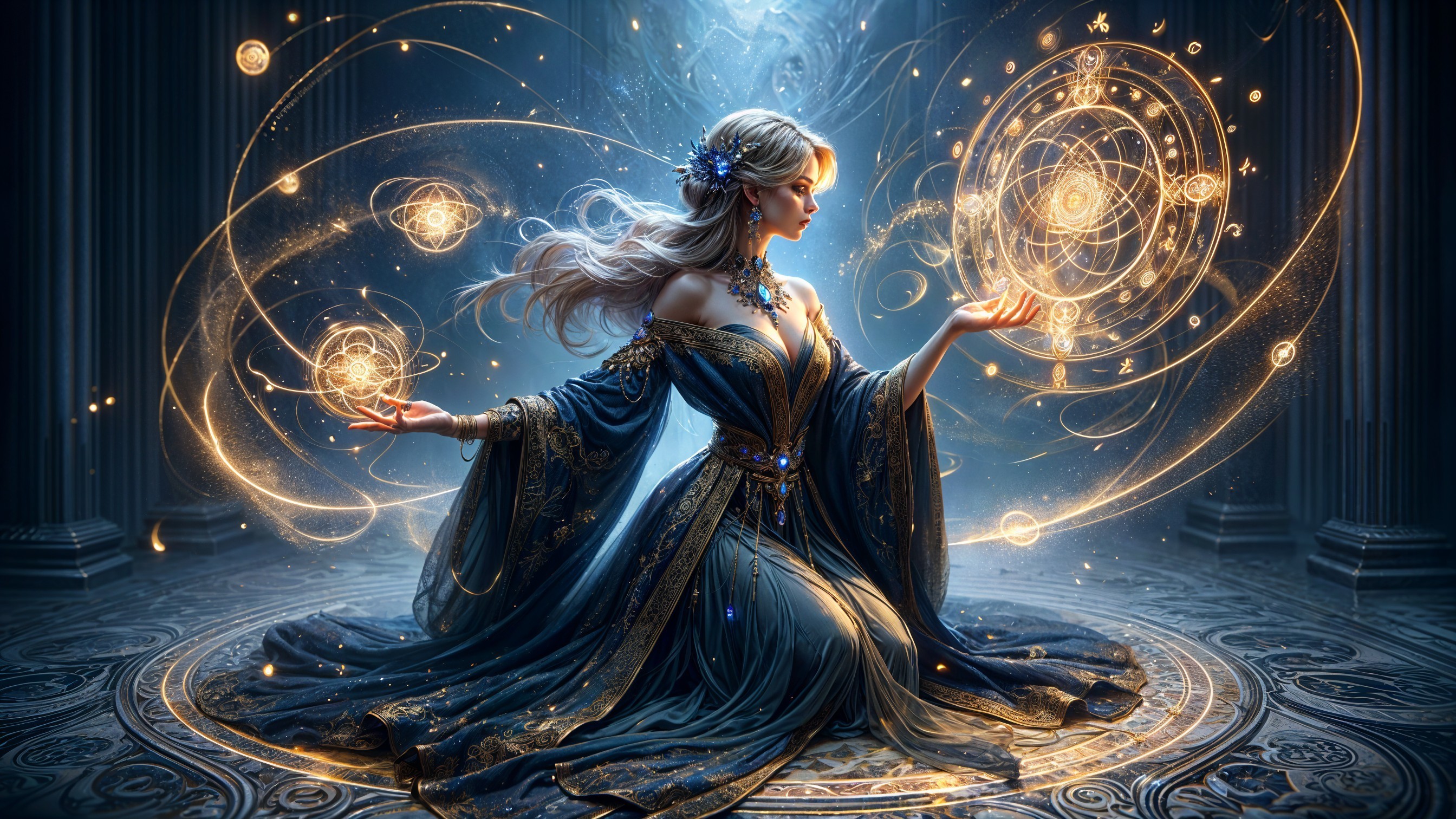 Mystical Sorceress in Elegant Blue Gown Surrounded by Light